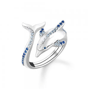 Thomas Sabo Ocean Vibes Ring Delfin mit blauen Steinen TR2384-644-1 bei Juwelier Kröpfl