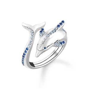 Thomas Sabo Ocean Vibes Ring Delfin mit blauen Steinen TR2384-644-1 bei Juwelier Kröpfl